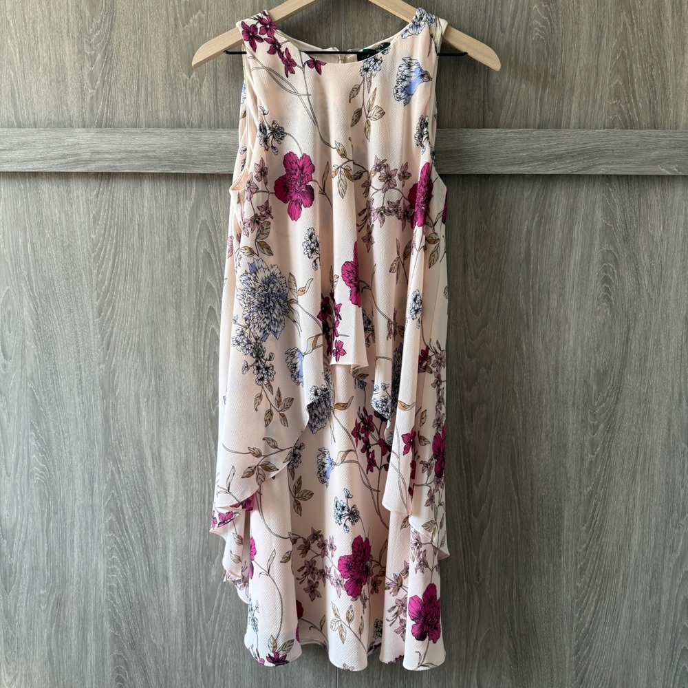 Lauren Ralph Lauren Dress Women 10 Pink Floral Tiered Sleeveless Georgette Shift - Picture 2 of 12